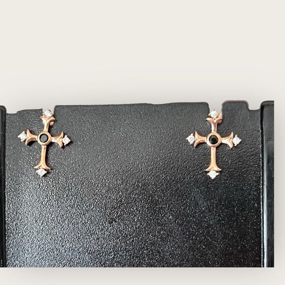 Rose gold plated Cross design earrings tiny clear CZ & black enamel - Picture 3 of 6